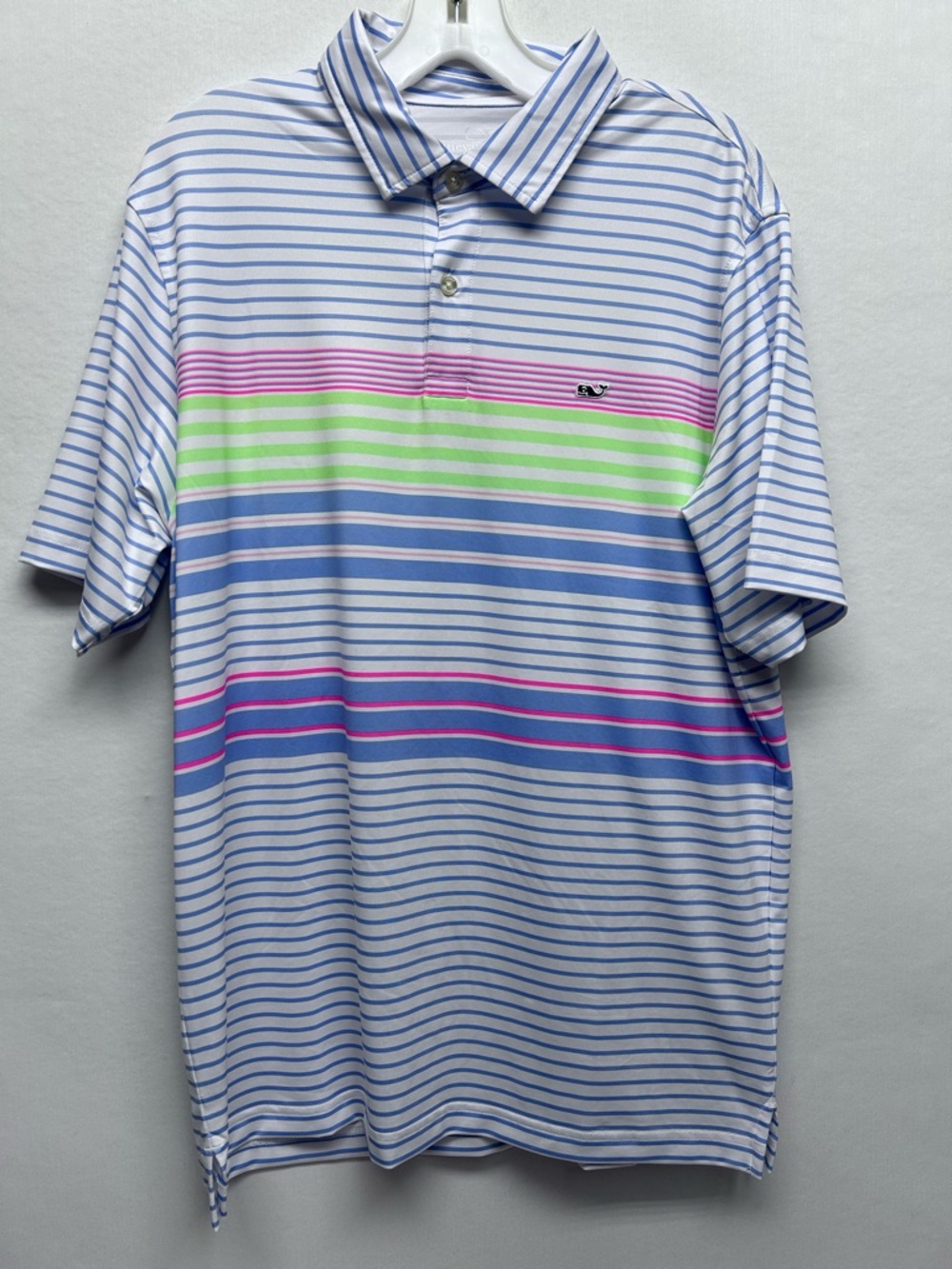 Men's Striped  athletic Polo Shirt in White with Blue, Pink & Green medium